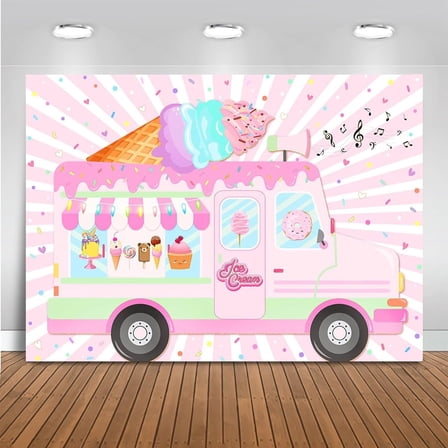Ice Cream Truck Shop Backdrop Summer Baby Shower Photography Background for Girls Ice Cream Dessert Shop Birthday Party Decorations Cake Table Banner Photo Booth Props