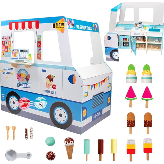Ice Cream Truck Wooden Playset, 20 Pieces, Includes Popsicles, Cones, Scooper & More, Play Stand for Indoor Fun, Ages 3+