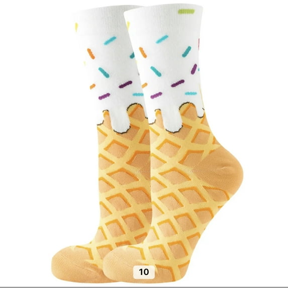 Ice Cream Waffle Cone Cartoon Socks, Women's Fun Novelty Crew Character 360 Degree Artwork Designed Socks