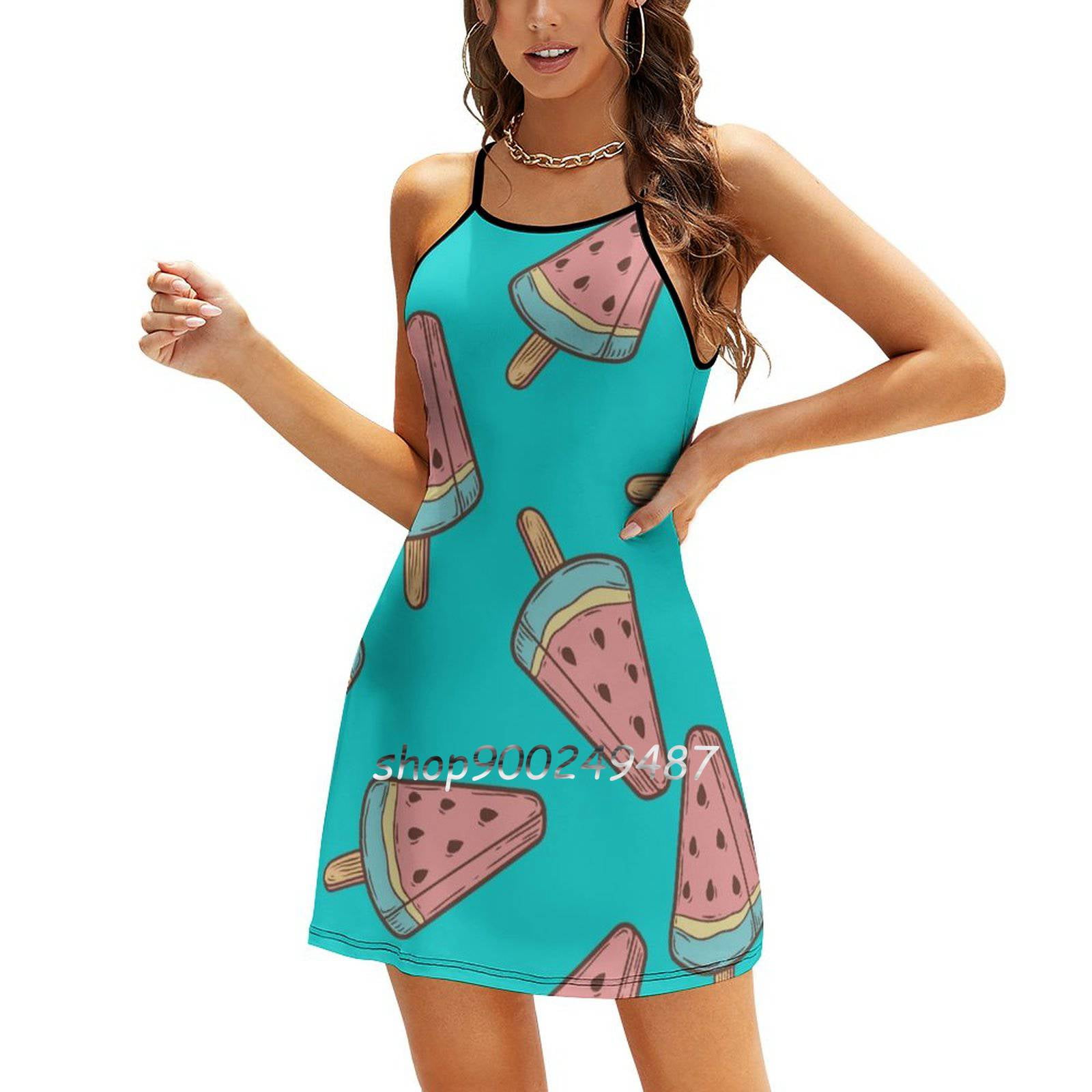 Ice Cream Watermelon Popsicle Dessert Food Vector Square Neck Dress Sweet Summer Dress Women Elegant Halter Print Dress Mix Walmart