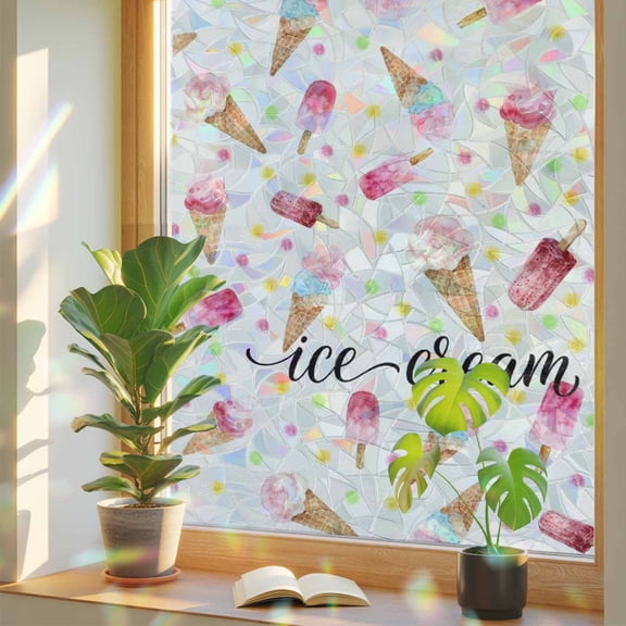 Ice Cream Window Privacy Film, Summer Desert Watercolor Popsicle Colorful Polka Dot Stained Glass Rainbow Film Decorative Window Clings, Static Cling Sun Blocking Stickers 19.6" x 39.3"