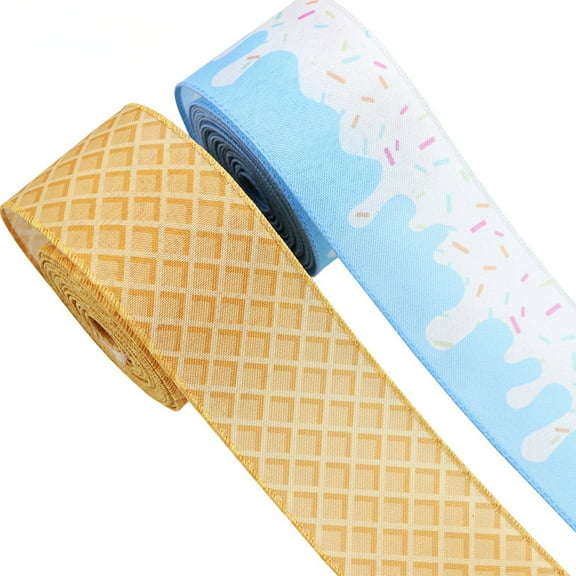Ice Cream Wired Ribbon 2Rolls Cone Craft Fabric Ribbon for Summer Wreath Bow DIY Wrapping Party Decor(Each Roll 2.48in5yd )