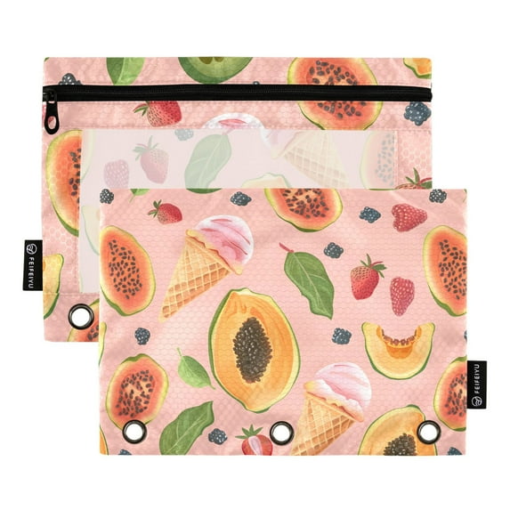 Ice Cream and Papaya Fruit 2 Pack Pencil Pouch for 3 Ring Binder Smooth Zipper Folders with Pockets Clear Window Pencil Case