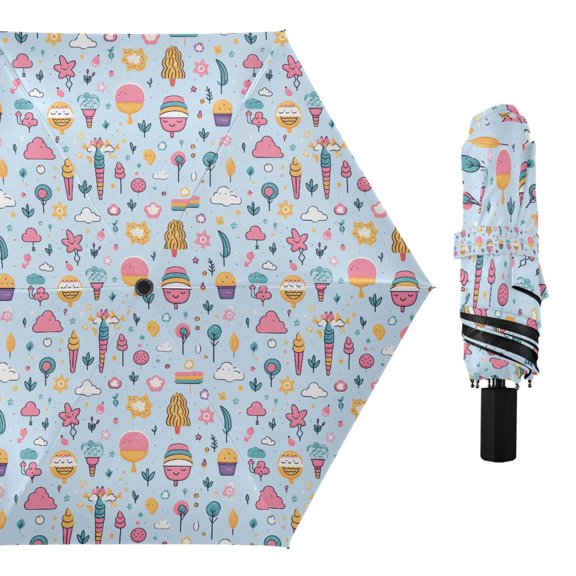 Ice Cream and Tree Compact Sun Umbrella Windproof Travel Umbrellas for Rain Strong Portable UV Protection