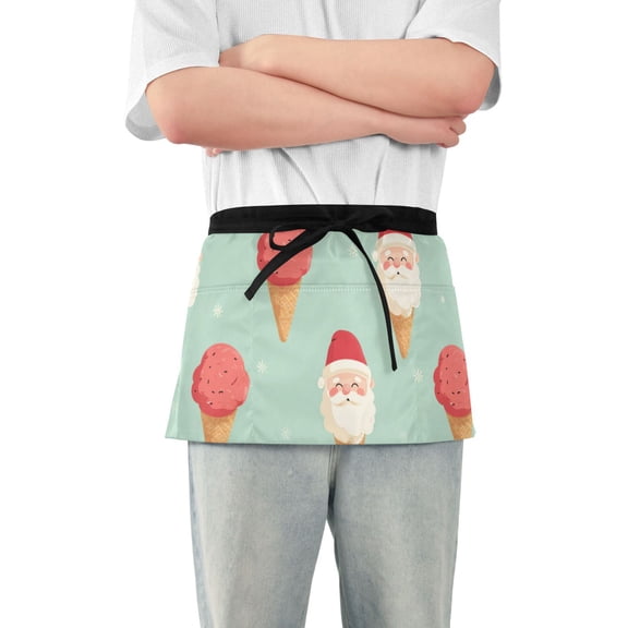 Ice Cream with Happy Santa Faces Christmas Short Server Apron with 3 Pockets for Unisex Chef Gardening