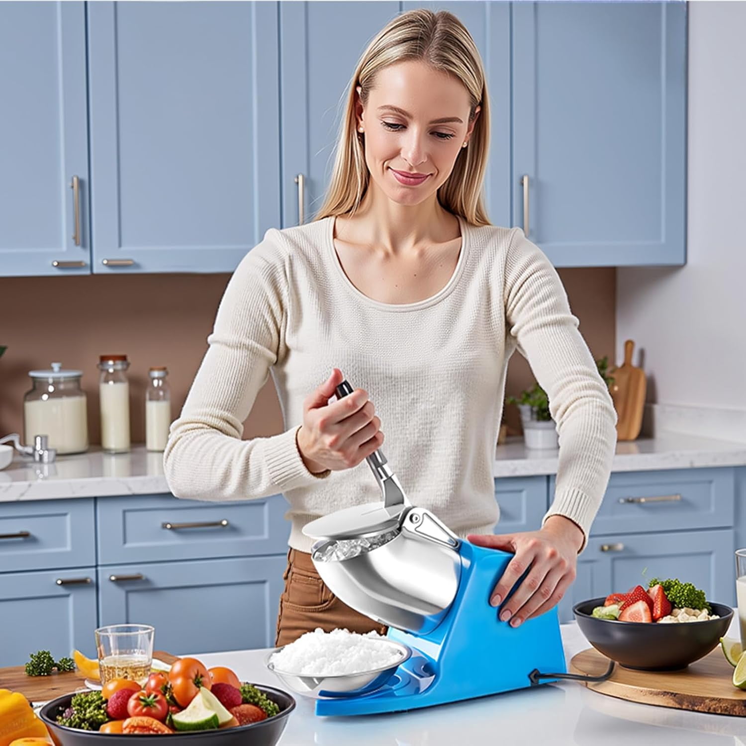 Ice Crusher , 286lbs Per Hour Electric 4 Blades Snow Cone Maker, Stainless Steel Shaved Ice  with Bowl and Cover, 300W 2000RPM Ice-Shaver for Home and Commercial Use, Blue