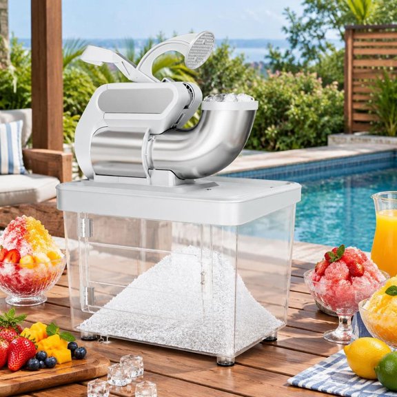 Ice Crusher Shaved Ice Machine, 300W Commercial Grade, Dual Stainless Steel Blades, 10 Gallon PC Storage Box, Gray