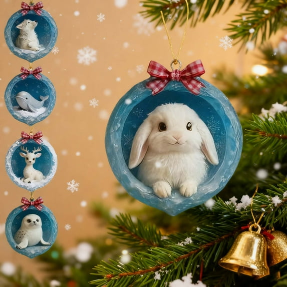 Ice Crystal Cave Animals Ornaments, Winter Forest Animals Ornaments Christmas Decorations, 2D Acrylic Cave Acrylic Hanging Decoration Pendant with Snowflake A