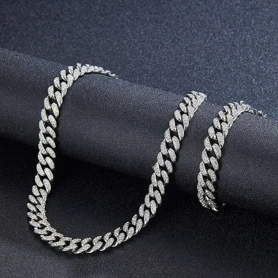 Ice Crystal Full Diamond Cuban Chain Set High Quality Spring Buckle 12mm Hip Hop Men's and Women's Bracelet Necklace Accessories GC