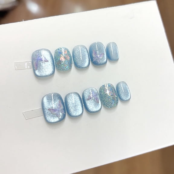 [Ice Crystal Phalaenopsis] Purely hand-worn nail art fake nail blue butterfly cat eye sparkling sweet and cool white