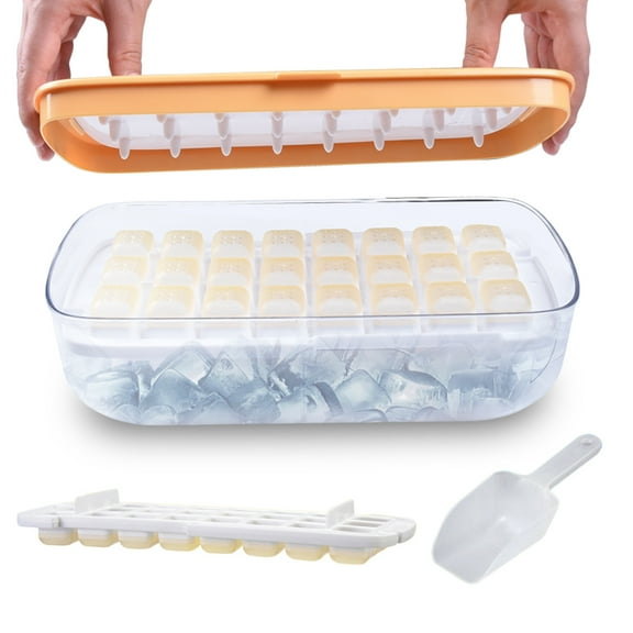Ice Cub Trays with Lid and Storge Bin and Scoop, Silicone 48 Nuggets Ice Cube Molds for Ice Chilling Cocktail Whiskey Tea Coffee, Yellow