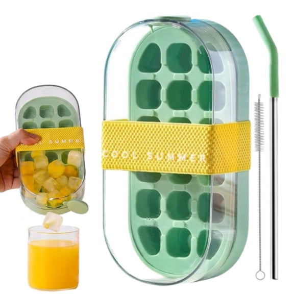 Ice Cub-e Bottle with Straw, 2-in-1 Water Bottle Ice Cube-s Tray with Lid and Container, Squeezze to Remove, Making Freezer Coffee Juice for Home Kitchen Travel Outdoor Camping