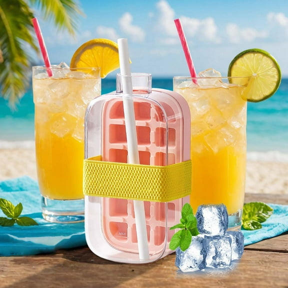 Ice Cube Bottle, 2 in 1 Touch-Free Ice Cube Tray Water Bottle, Ice Maker Bottle with Straw and Lid, for Coffee, Juice, And Beverages, Large Capacity, Strong Sealing, Enjoy cool Summer