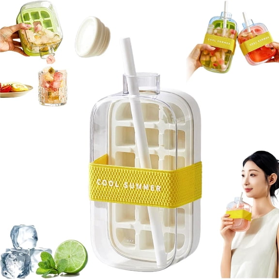 Ice Cube Bottle,2 in 1 Touch-Free Ice Cube Tray Water Bottle with Lid and Bin,Ice Cube Making Bottle,Easy Ice Press to Release Silicone Ice Cube Tray for Coffee, Juice, and Beverages (White)