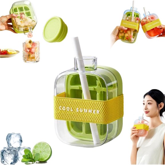 Ice Cube Bottle,2 in 1 Touch-Free Ice Cube Tray Water Bottle with Lid and Bin,Ice Cube Making Bottle,Easy Ice Press to Release Silicone Ice Cube Tray for Coffee, Juice, and Beverages (Green)