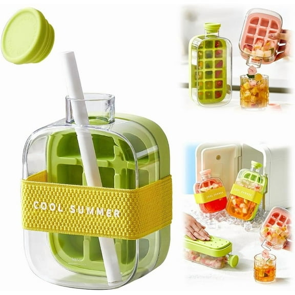 Ice Cube Bottle, 2 in 1 Touch-Free Ice Cube Tray Water Bottle with Lid and Bin, Ice Cube Making Bottle, Easy Ice Release for Freezer, Perfect, For Coffee, Juice, And Beverages