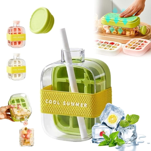 Ice Cube Bottle, 2-In-1 Touch-Free Ice Maker, Leak-Proof Water Bottle With Straw And Strap, Portable Silicone Design, Ice Trays For Freezer With Lid, Suitable Camping, Gym, Office (1pcs-green 500ml)