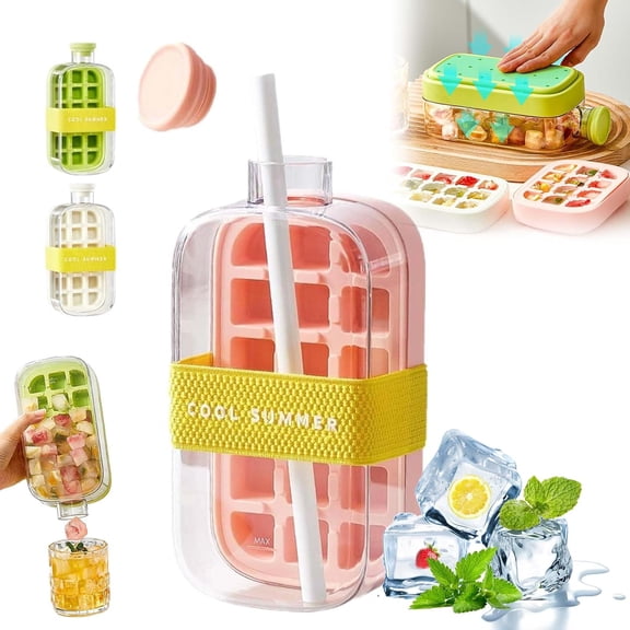 Ice Cube Bottle, 2-In-1 Touch-Free Ice Maker, Leak-Proof Water Bottle With Straw And Strap, Portable Silicone Design, Ice Trays For Freezer With Lid, Suitable Camping, Gym, Office (1pcs-pink 800ml)