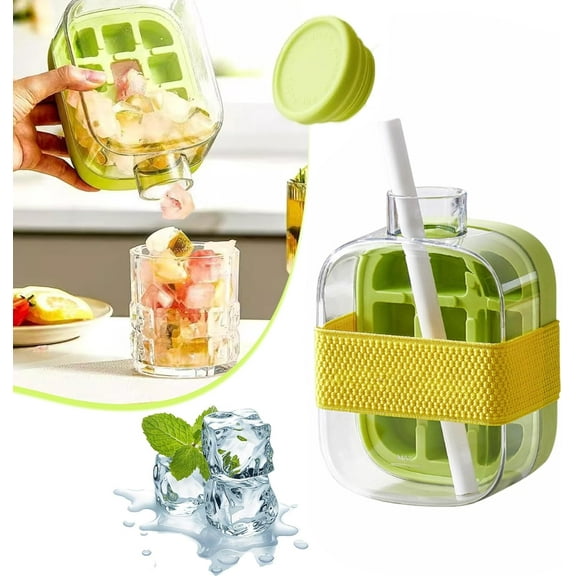 Ice Cube Bottle 2-in-1,2 in 1 Ice Cube Bottle Touch-Free Ice Cube Tray Water Bottles with Lid and Bin, Cool Summer Ice Bottle Cup, Easy Press to Release Vertical Ice Cube Tray(Green, 500ML)