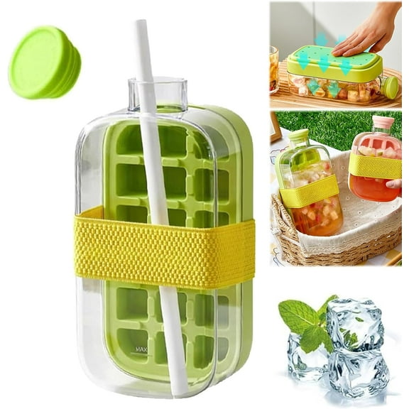 Ice Cube Bottle - 800ml/28oz & 500ml/17oz, 2 in 1 Zero Touch Press Ice Cube Mold & Water Bottle with Straw, Portable Ice Bottle Cup for Smoothie, Travel & Gym