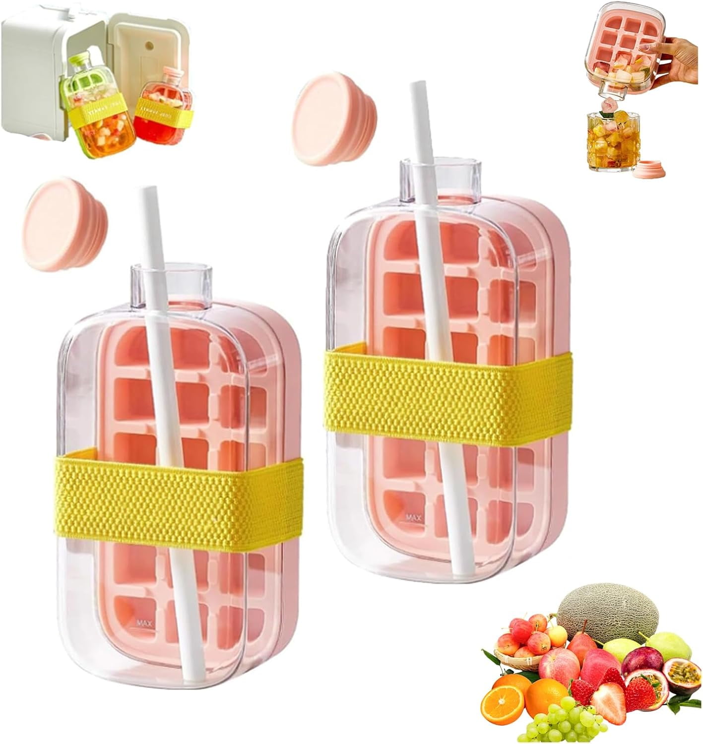 Ice Cube Bottle with Straw, 2 in 1 Water Bottle Ice Cube Tray, 2pcs ...