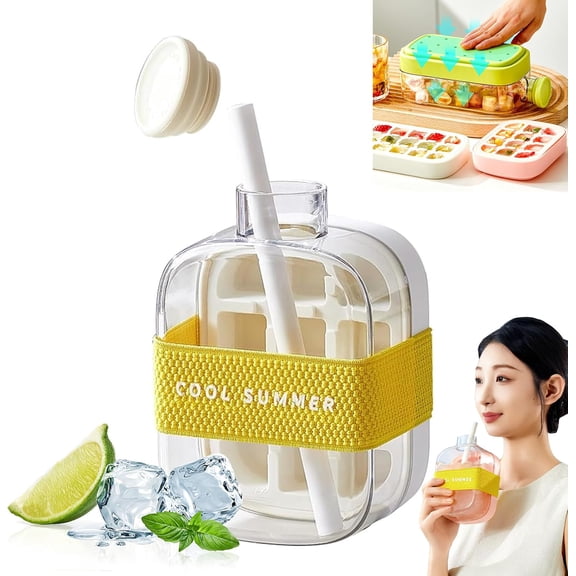 Ice Cube Bottle with Straw - 2-in-1 Touch-Free Water Bottle Ice Cube Tray with Lid, Portable Ice Maker Cup, No Need to Pour Ice into Other Containers, Insert the Straw and Drink (White, 500ml)