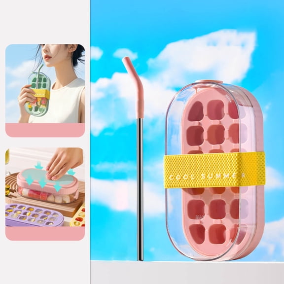 2-in-1 Ice Cube Bottle with Straw - 750ML/25OZ Portable Touch-Free Ice Tray & Water Bottle, Press-to-Release Silicone Mold for Home, Office, Picnics, Travel - Leakproof Design