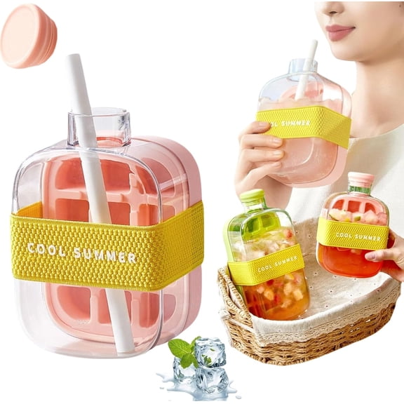Ice Cube Bottle with Straw for Cool Summer, My Crush Cup Ice Cube Trays for Water Bottles, 2 in 1 Portable Touch-Free Ice Maker Kettle with Lid and Bin for Quick Ice Making (Pink,500 ml)