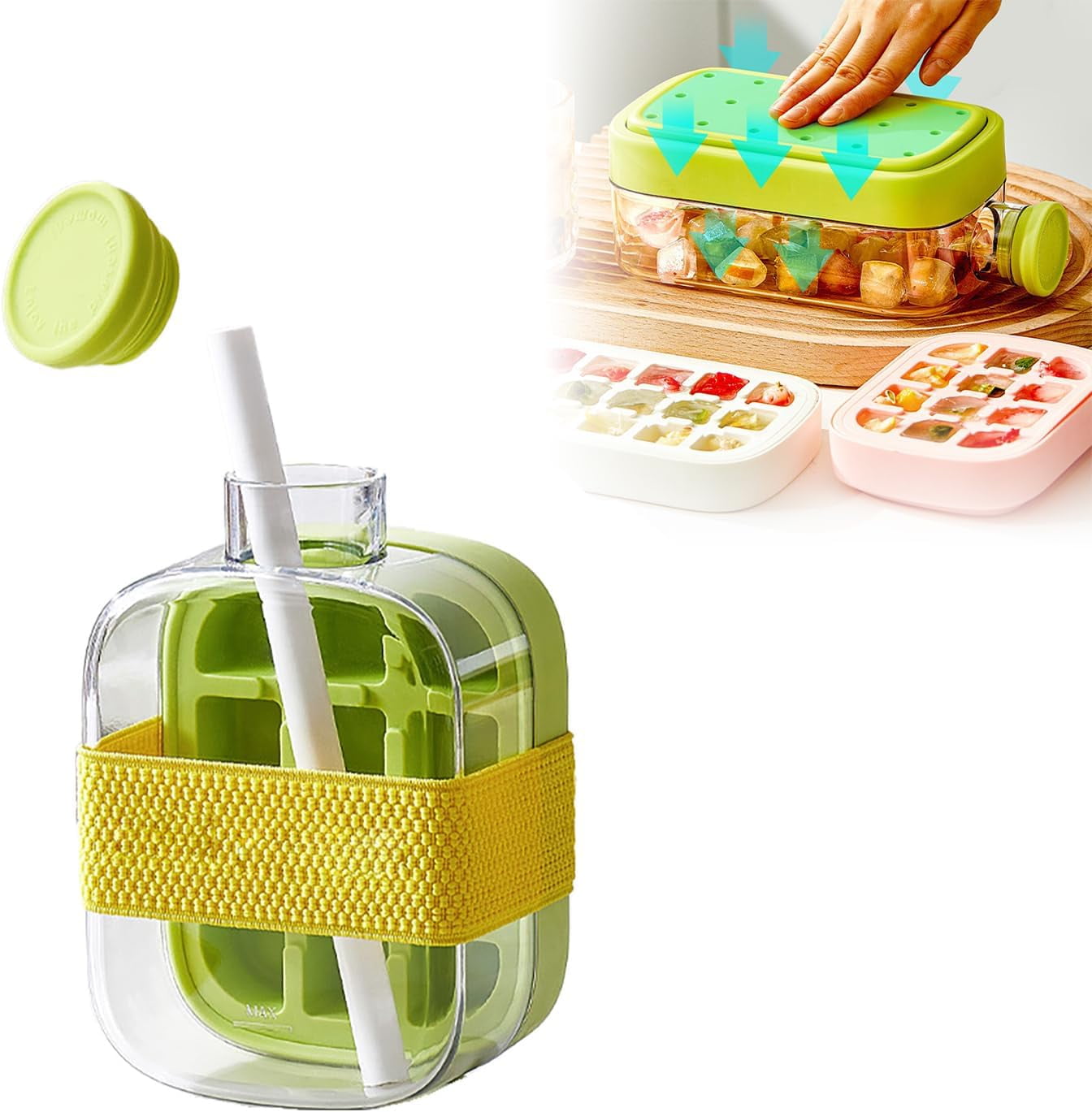Ice Cube Bottle with Straw & Tie, Ice and Water Cup In One, Touch-Free ...