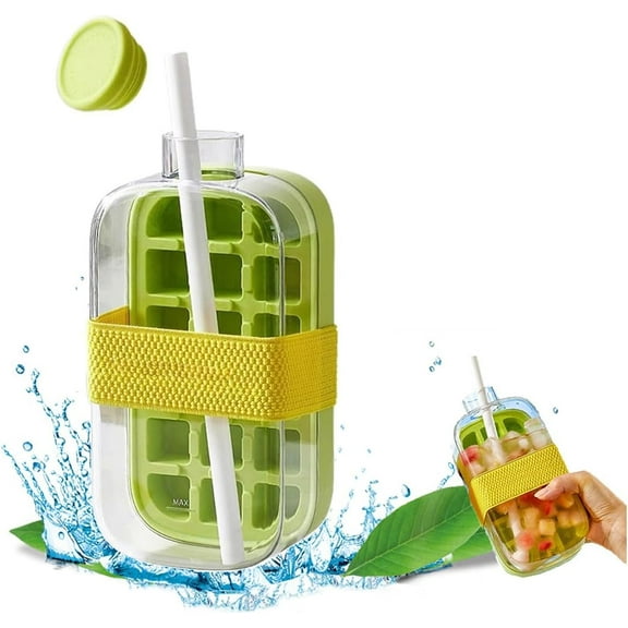 Ice Cube Bottle with straw 2in1 - Easy Press Ice Tray Water Bottle, Leak Proof Lid, Vertical Ice Maker for Freezer, Travel, Gym & Home Use (White, 800ml)