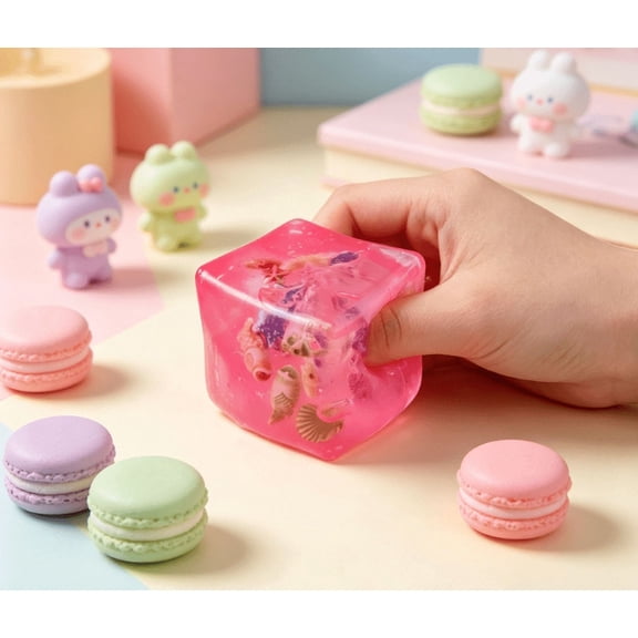 Ice Cube Cube Fidget Toys, Ocean Marine Shell Squeeze Fidget, Soft Gel Stress Ball, Calming Hand Grip for Travel & Work Pink