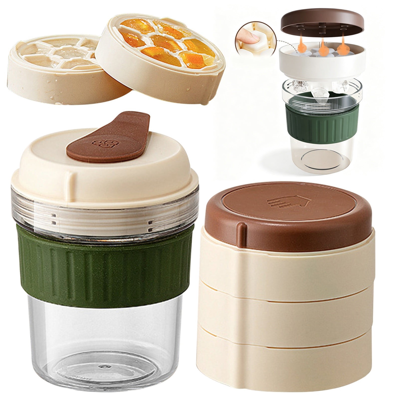 Ice Cube Cup with Lid and Molds for Iced Drinks Portable Sealed Tumbler with Protective Sleeve for Coffee, Juice, Smoothie, 500ml, 3 Ice Molds