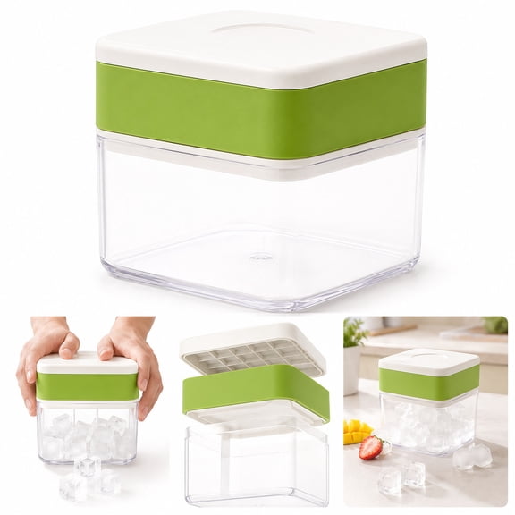 Ice Cube Maker Box with Lid, Blue Press Release Ice Tray Container, Compact Freezer Ice Cube Storage Bin for Whiskey, Coffee, Juice, Cocktails and Cold Drinks