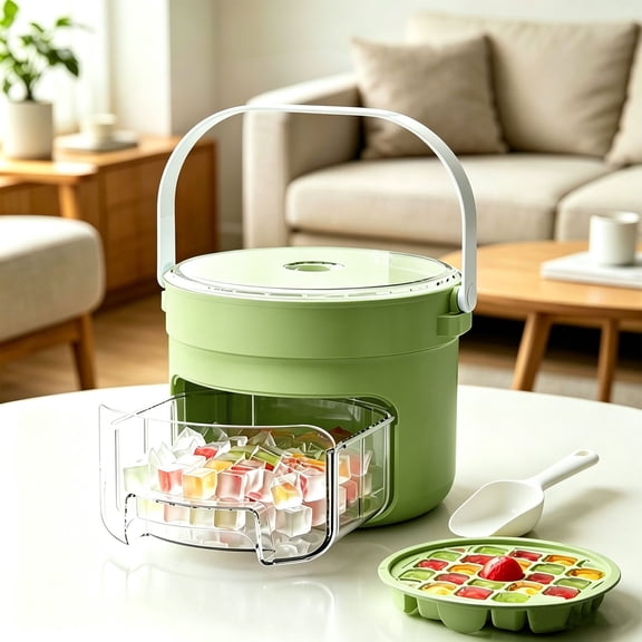 Ice Cube Maker Box Pull Out Ice Storage Drawer One Press Easy Release Ice Tray Container with Scoop Summer Ice Mold for Fridge Home Bar Daily Drinks