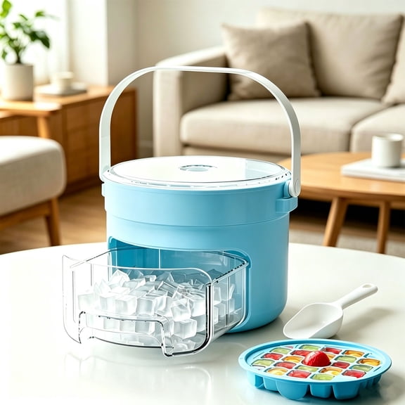 Ice Cube Maker Box Pull Out Ice Storage Drawer One Press Easy Release Ice Tray Container with Scoop Summer Ice Mold for Fridge Home Bar Daily Drinks