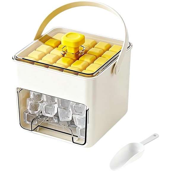 Ice Cube Maker with Easy Press Lid, Compact Portable Ice Cube Container with Storage Box for Freezer, Press-type Ices Cubes Trays with Handle, Space-Saving Small Ice Bucket, for RV, Office, Home