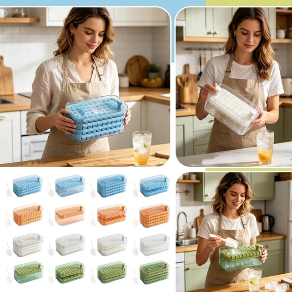 Ice Cube Maker for Freezer, Ice Cube Tray with Lid and Bin, Ice Cube Container for Freezer, Kitchen Organizer and Storage, 9X4.5X4.5 in Freezer-Safe Compact Set with Easy Press