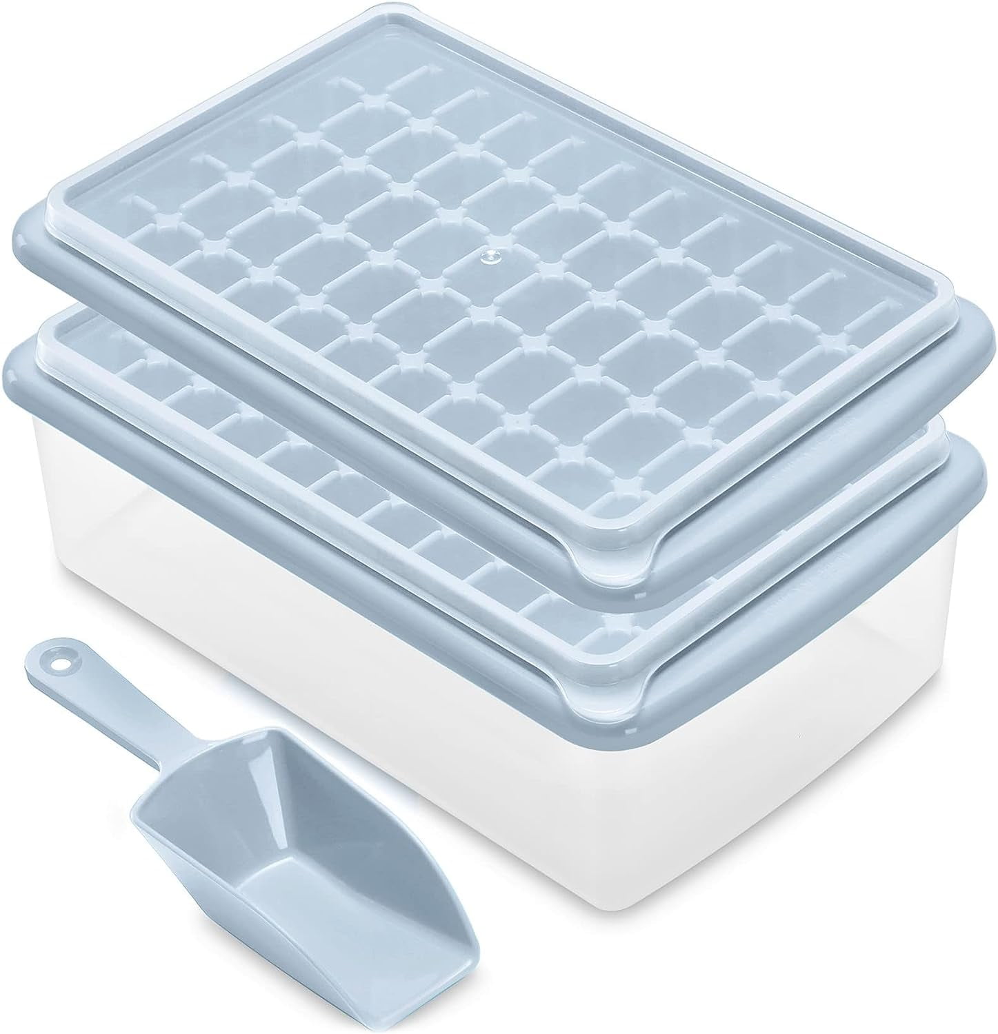 Ice Cube Maker Trays for Freezer with Lid and Storage Box, Easy Release 55 Mini Nugget Ice Cubes Tray with Cover, Ice Holder, Scooper, Flexible Durable Plastic Ice Mold & Bin, BPA Free