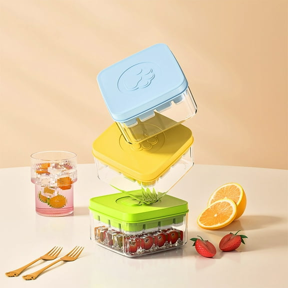 Ice Cube Mold Box with Lid, Transparent Plastic Ice Compartment Maker, One-Button Release, 1 Piece, Home Kitchen Storage, 12×12×7.5cm, Green/Yellow/Blue