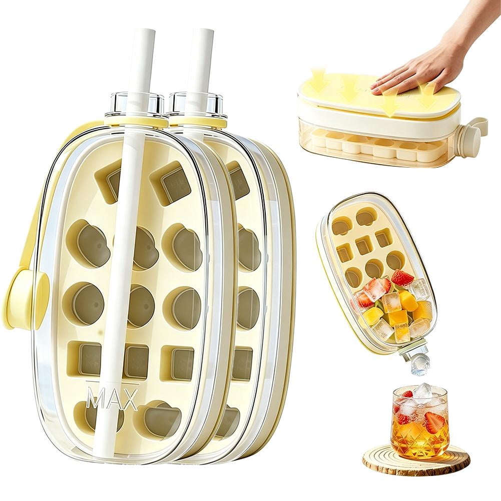 Ice Cube Mold Cups,Leak-Proof Bottle,Built-In Ice Cube Mold and Straw,2 in 1 Zero-Touch Press Cubes Bottle,Press To Release Ices Tray for Home Ices Making, Outdoor Picnics, Office Use