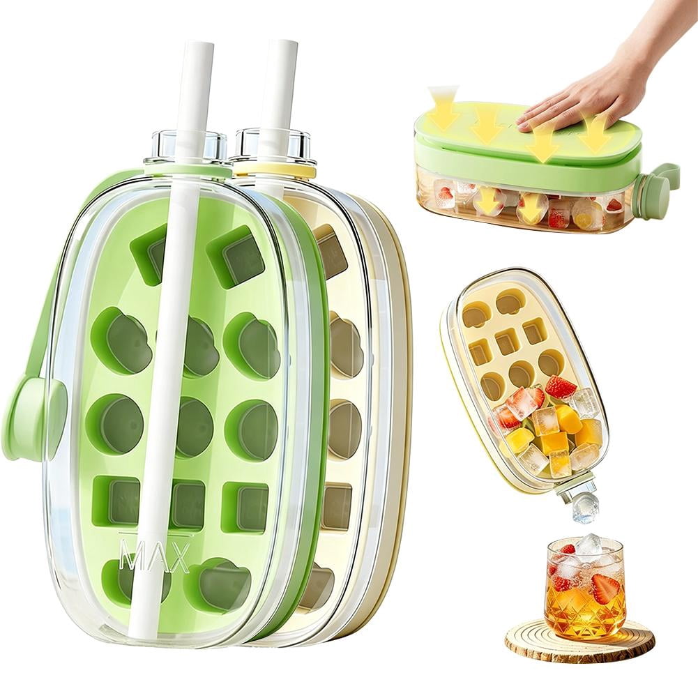 Ice Cube Mold Cups,Leak-Proof Bottle,Built-In Ice Cube Mold and Straw,2 in 1 Zero-Touch Press Cubes Bottle,Press To Release Ices Tray for Home Ices Making, Outdoor Picnics, Office Use