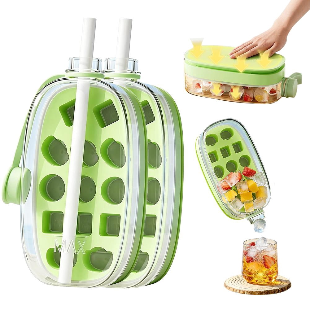 Ice Cube Mold Cups,Leak-Proof Bottle,Built-In Ice Cube Mold and Straw,2 in 1 Zero-Touch Press Cubes Bottle,Press To Release Ices Tray for Home Ices Making, Outdoor Picnics, Office Use