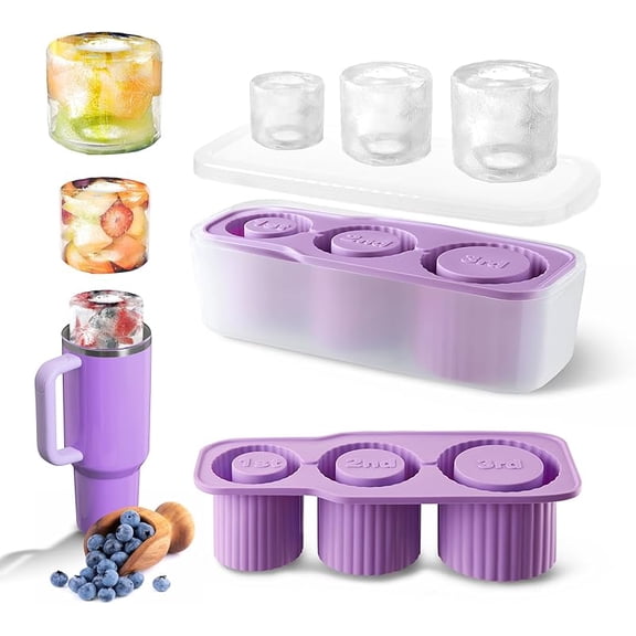 Ice Cube Mold for Stanley Cup, 3 Pcs Silicone Ice Cube Tray with Lid and Bin for 30Oz-40Oz Tumbler Cup, Easy Fill and Release Ice Maker for Whiskey, Cocktail BPA-Free