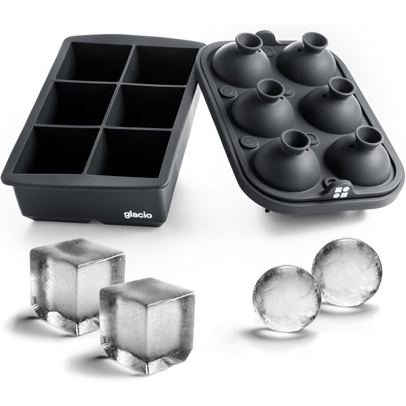 Ice Cube Molds – Large Silicone Ice & Sphere Mold Combo with Built-In Easy-Fill Funnel 2-Inch Round & Square Whiskey Ice Molds for Cocktails & Bourbon (Charcoal & 6 cube)