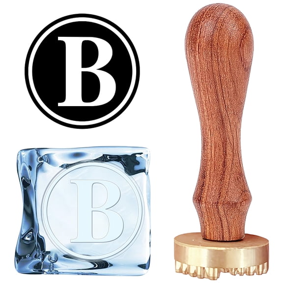 Ice Cube Mould Initials B Ice Stamp Ice Drinking Making Tool Ice Cube Press Stamp Brass Stamp Head with Removable Wood Handle and Velvet Pouches for Whisky Cocktail Ice Drinks for DIY