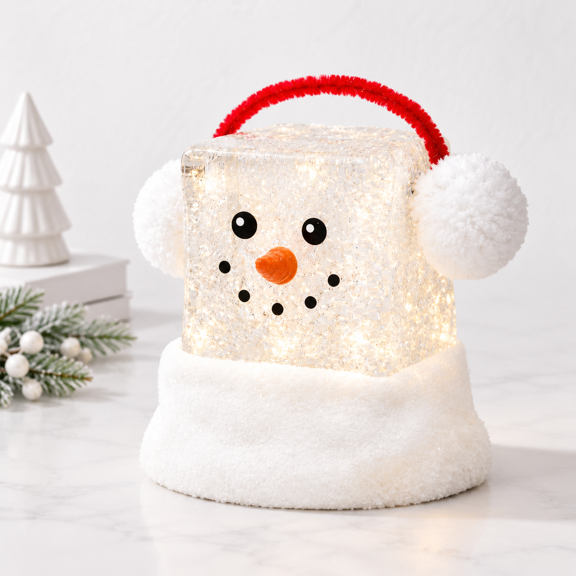 Ice Cube Snowman Snow Globe Lighted Spinning Glitter Decoration Earmuff 6.9"H