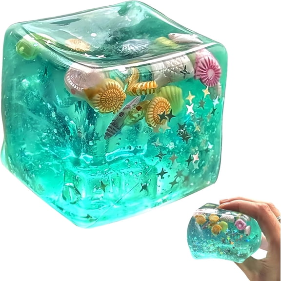 Ice Cube Squishy Fidget with Marine Shells Inside, Slow Rise Squeeze Sensory Stress Ball for Office Desk Anxiety Relief, Focus & Calm Novelty Gift for Adult & Teens - Green - 1.75 inch