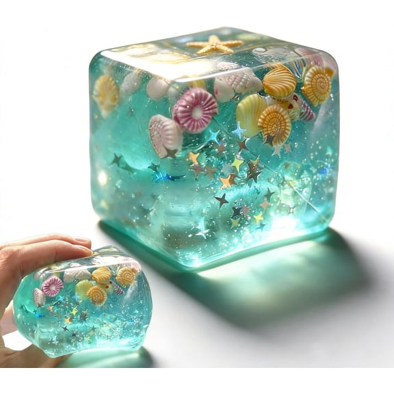 Ice Cube Squishy with Ocean Shells, Slow Rising Stress Relief for Adults, Sensory Fidget Non-Toxic Squeeze Ball for Anxiety, Focus & Calm for School, Office - 1.75 inch