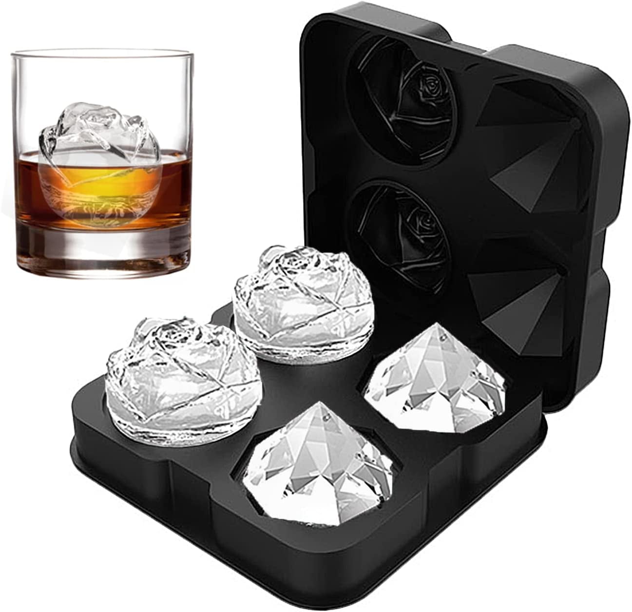 Ice Cube Tray, 2.5inch Ice Cube Molds, 2 Cavity Silicone Rose & 2 ...
