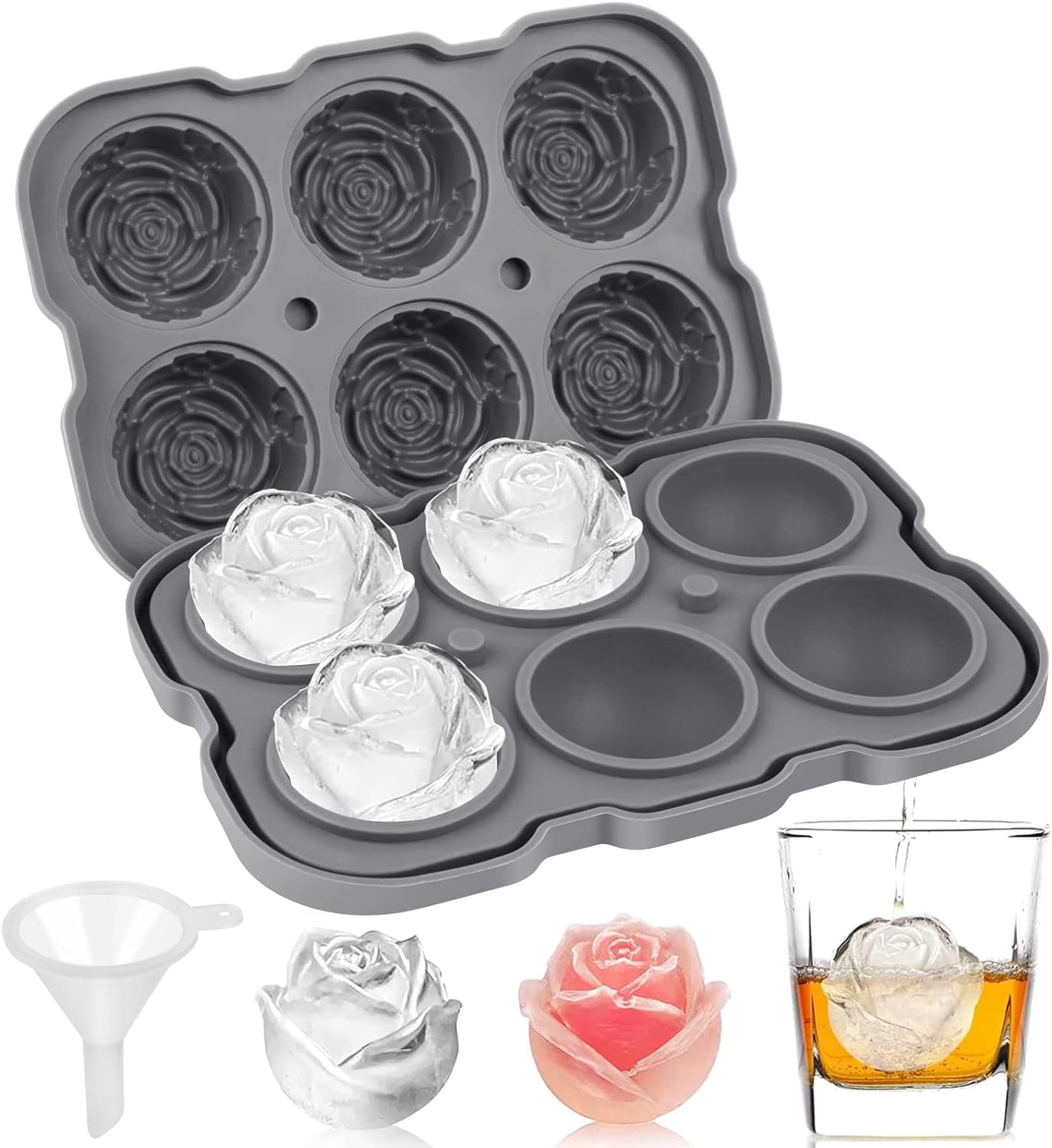 Ice Cube Tray, 2 inch Rose Ice Cube Trays With Covers, 6 Cavity ...